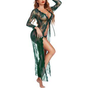 Women Green Kimono Sexy Long Babydoll Sheer Bridal Nightwear  Mesh Chemise